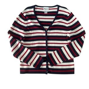 Maren Navy Red Stripe Button-Front Cardigan Sweater Size L Preppy Classic
